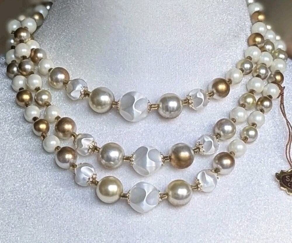 Vtg Saxon Creation Faux Pearl Triple Strand Necklace Mid Century Gold Tone Bib